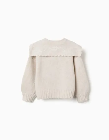 Knitted cardigan with embroidered collar for girls, light beige