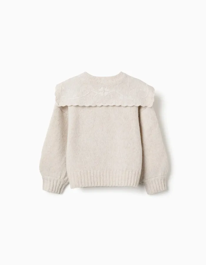Knitted cardigan with embroidered collar for girls, light beige