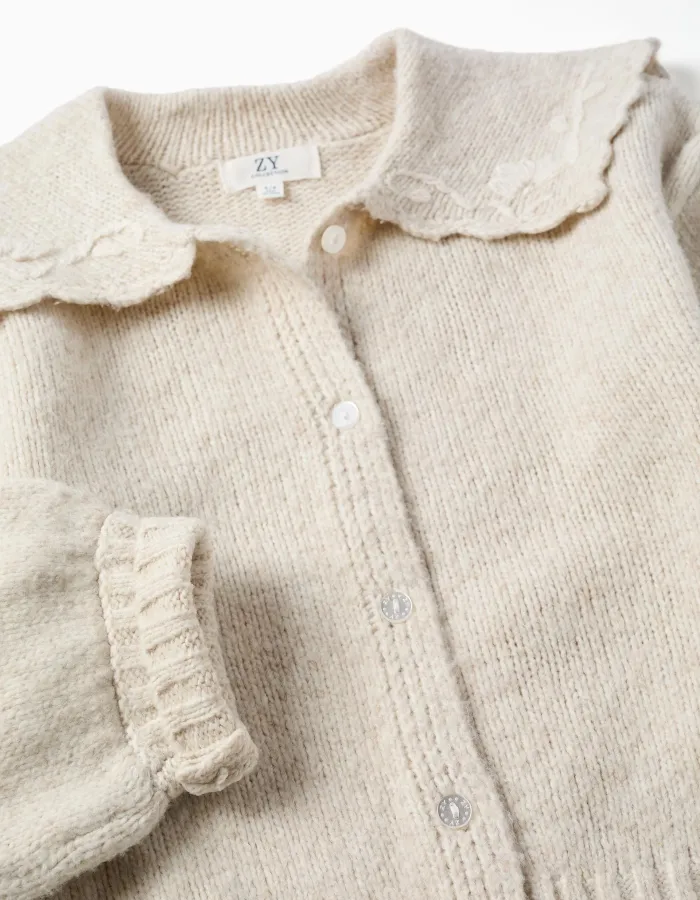 Knitted cardigan with embroidered collar for girls, light beige