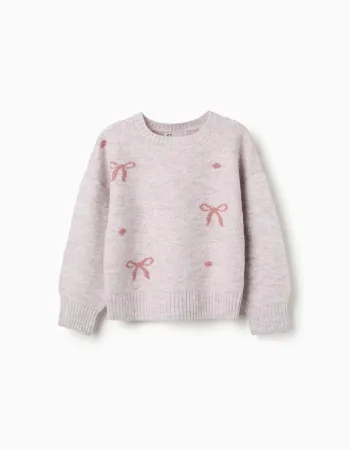 Knitted jumper with jacquard bows and dots for girls, light pink