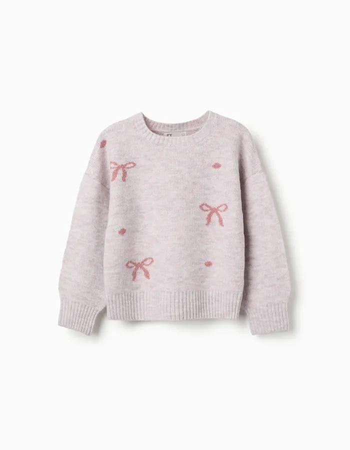 Knitted jumper with jacquard bows and dots for girls, light pink