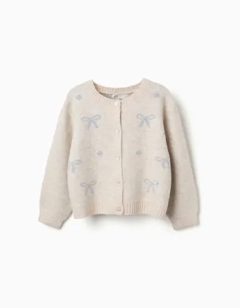 Knitted cardigan with jacquard bows and dots for girls, light beige