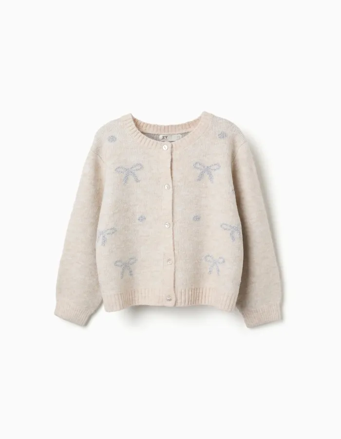 Knitted cardigan with jacquard bows and dots for girls, light beige