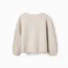 Knitted cardigan with jacquard bows and dots for girls, light beige