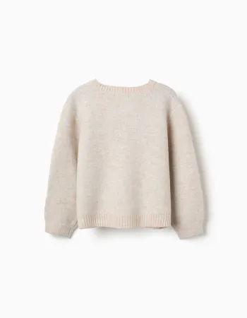 Knitted cardigan with jacquard bows and dots for girls, light beige