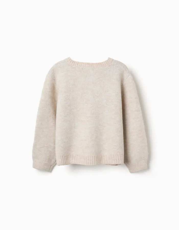 Knitted cardigan with jacquard bows and dots for girls, light beige