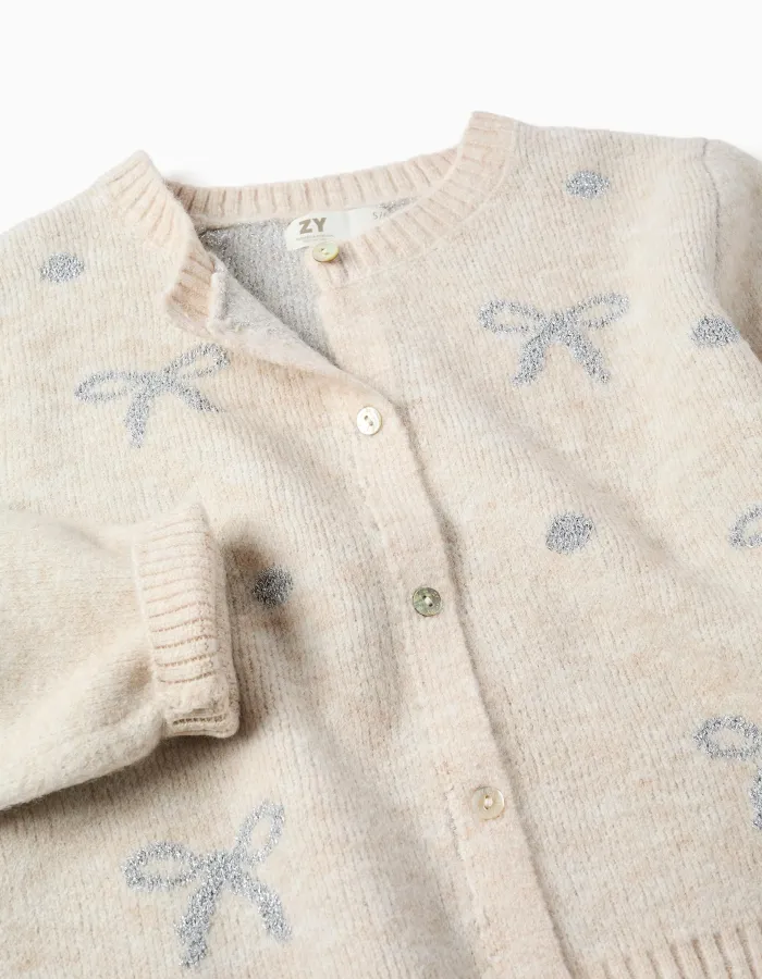 Knitted cardigan with jacquard bows and dots for girls, light beige