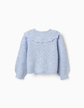 Openwork knit cardigan with maxi collar for girls, light blue