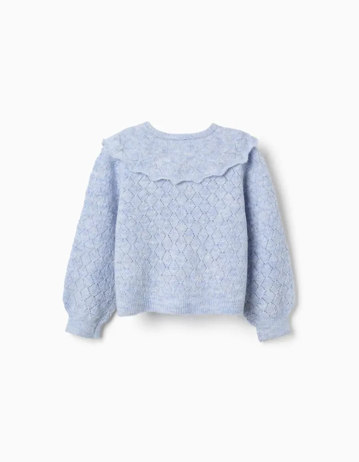 Openwork knit cardigan with maxi collar for girls, light blue