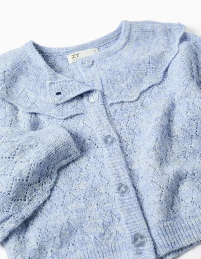Openwork knit cardigan with maxi collar for girls, light blue