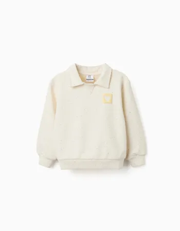 Cotton sweatshirt with embossed heart print for girls, light beige