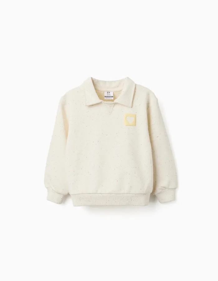 Cotton sweatshirt with embossed heart print for girls, light beige