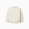 Cotton sweatshirt with embossed heart print for girls, light beige