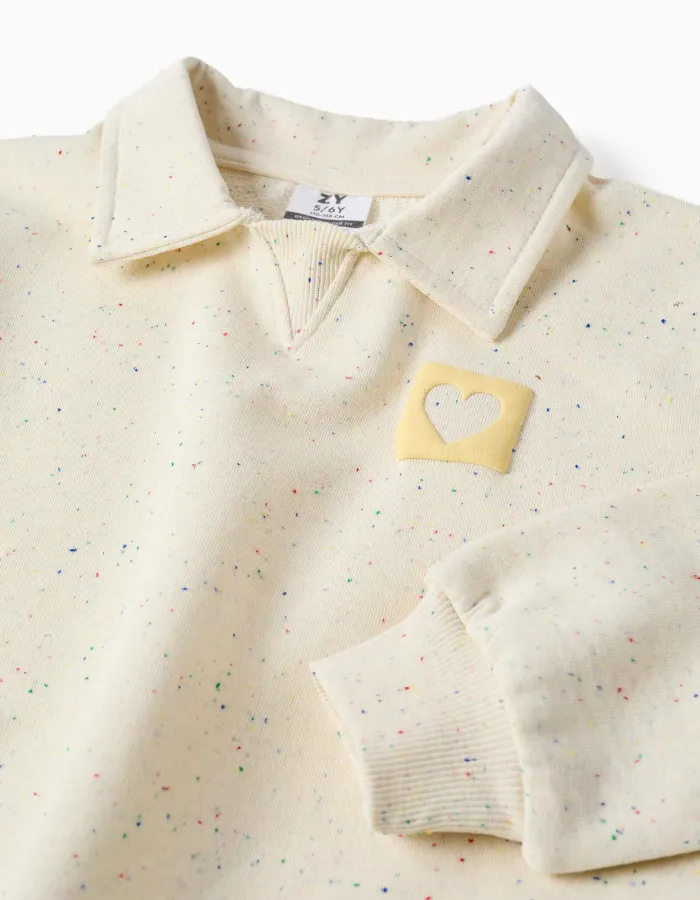 Cotton sweatshirt with embossed heart print for girls, light beige