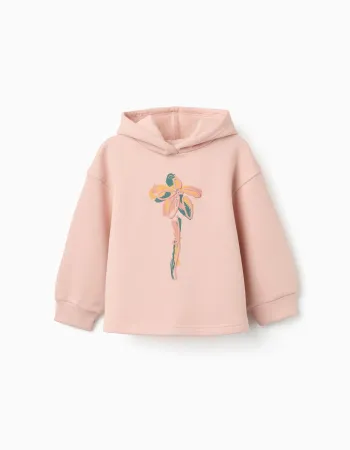 Brushed hooded sweatshirt with floral print for girls, light pink