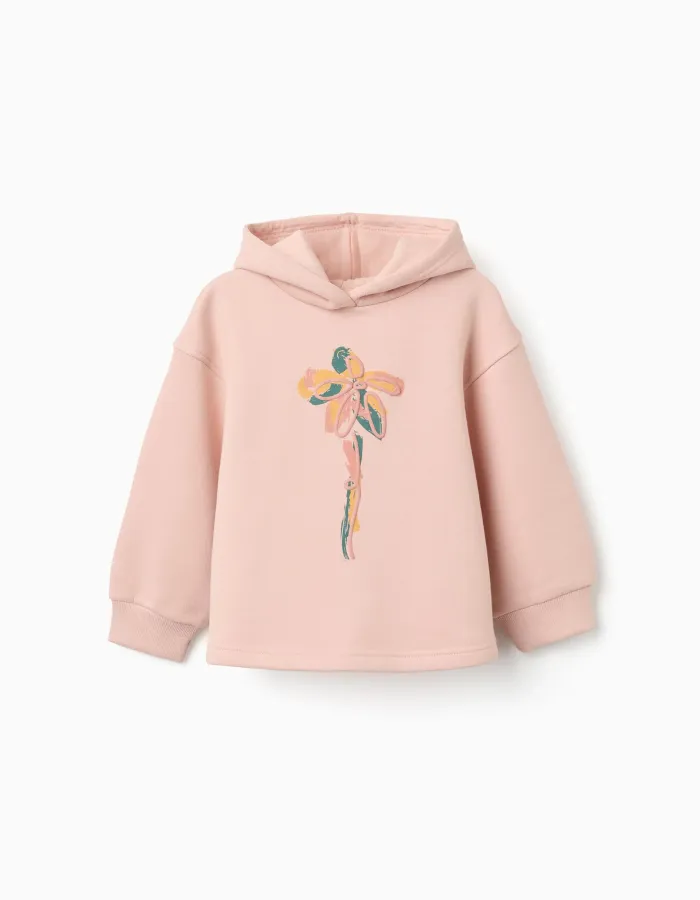 Brushed hooded sweatshirt with floral print for girls, light pink