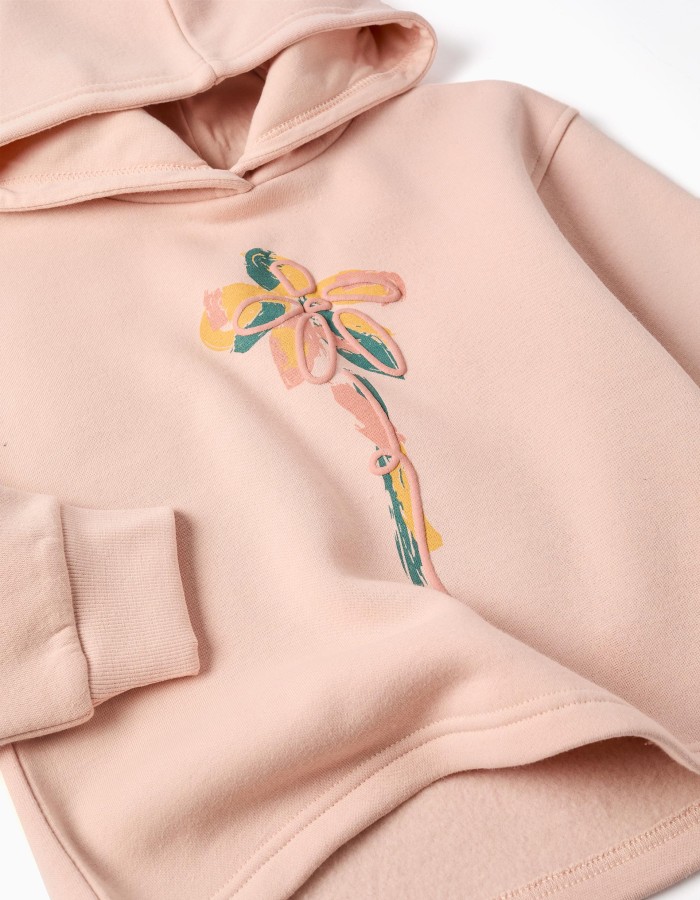 Brushed hooded sweatshirt with floral print for girls, light pink