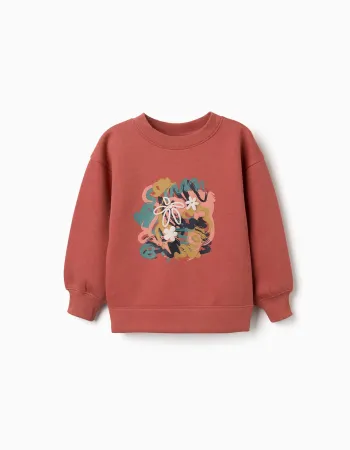 Brushed sweatshirt with art and nature motif for girls, terracotta