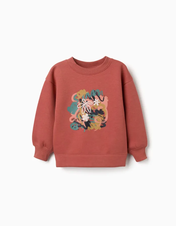Brushed sweatshirt with art and nature motif for girls, terracotta
