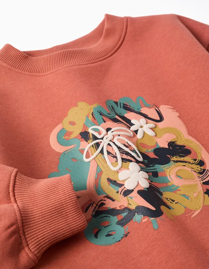 Brushed sweatshirt with art and nature motif for girls, terracotta