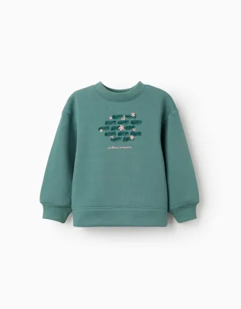 Brushed sweatshirt with art and nature motif for girls, blue-green