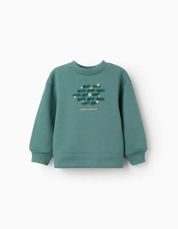 Brushed sweatshirt with art and nature motif for girls, blue-green