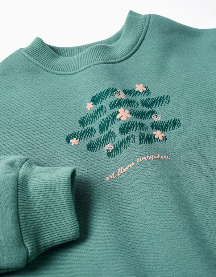 Brushed sweatshirt with art and nature motif for girls, blue-green