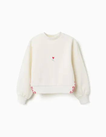 Brushed sweatshirt with embroidered flower for girls, white