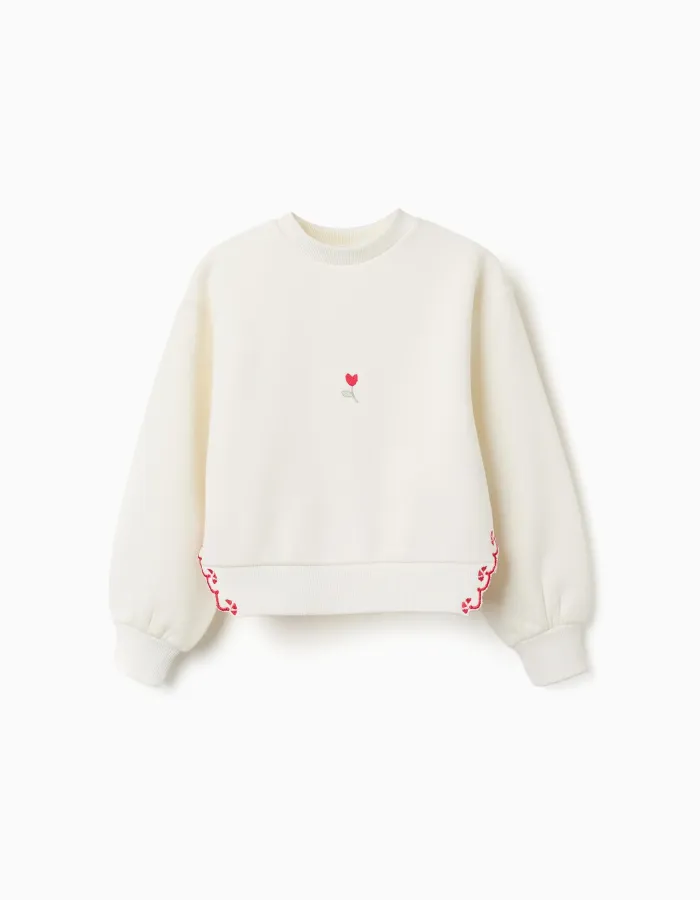 Brushed sweatshirt with embroidered flower for girls, white