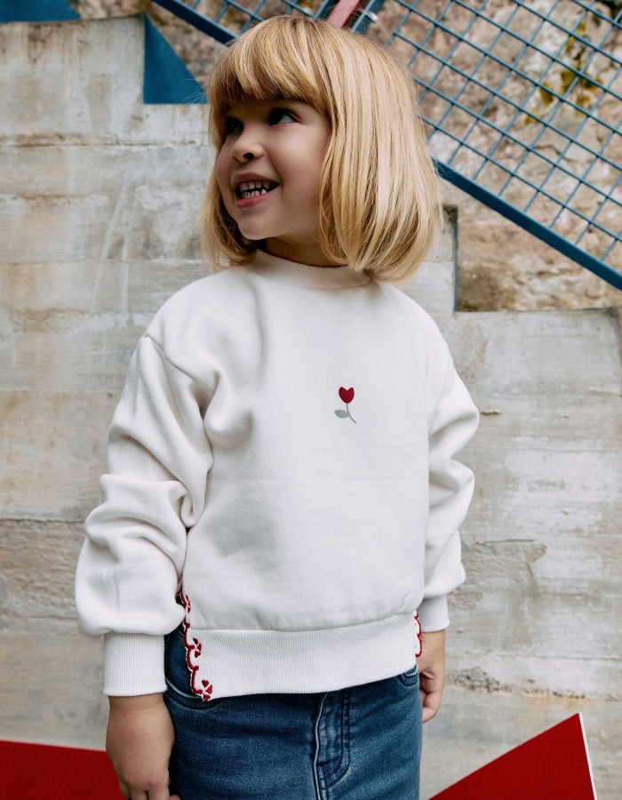 Brushed sweatshirt with embroidered flower for girls, white