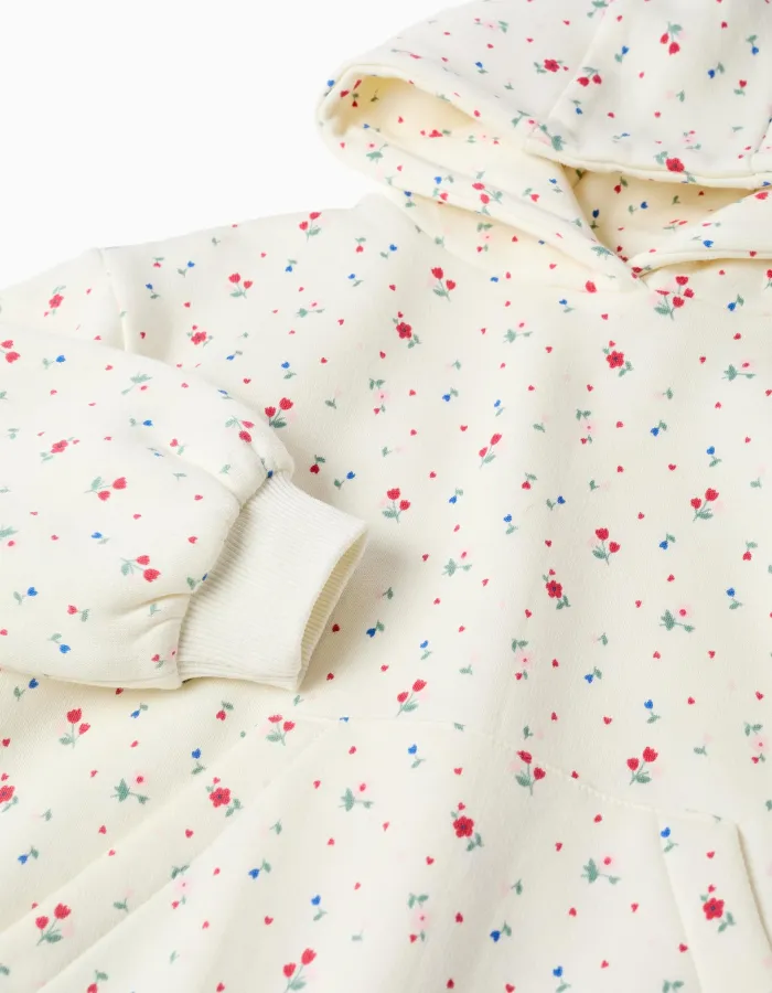 Brushed hooded sweatshirt with floral pattern for girls, white