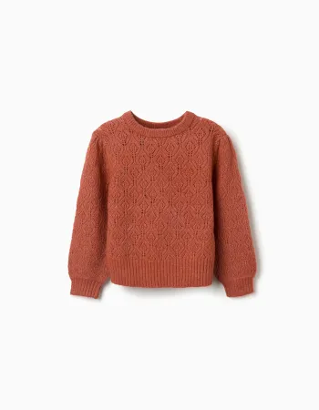 Openwork knit jumper with puffy sleeves for girls, terracotta