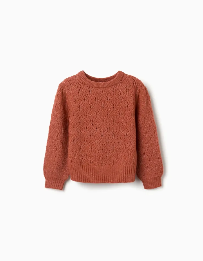 Openwork knit jumper with puffy sleeves for girls, terracotta