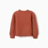 Openwork knit jumper with puffy sleeves for girls, terracotta