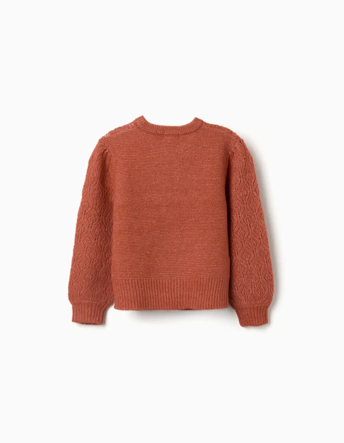 Openwork knit jumper with puffy sleeves for girls, terracotta