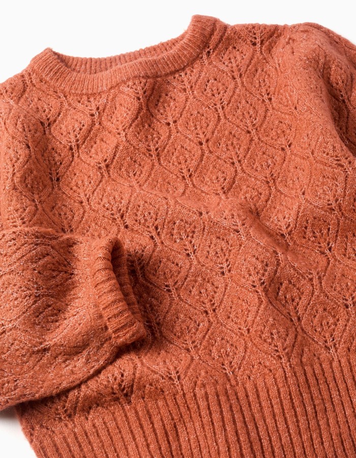 Openwork knit jumper with puffy sleeves for girls, terracotta