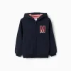Hooded fleece jacket with embroidered M for girls, navy blue