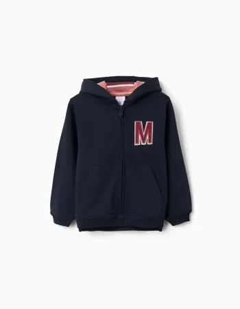 Hooded fleece jacket with embroidered M for girls, navy blue