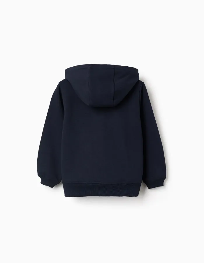 Hooded fleece jacket with embroidered M for girls, navy blue