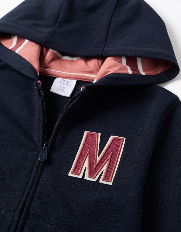 Hooded fleece jacket with embroidered M for girls, navy blue