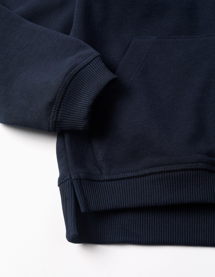 Hooded fleece jacket with embroidered M for girls, navy blue