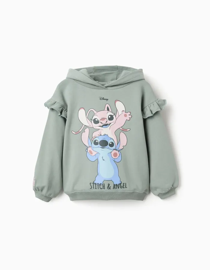 Brushed hooded sweatshirt with Stitch & Angel for girls, dark green