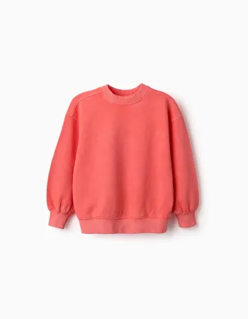 Cotton sweatshirt with dropped shoulders for girls, neon coral