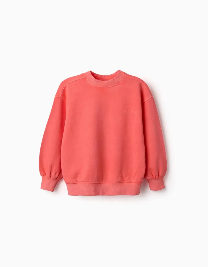 Cotton sweatshirt with dropped shoulders for girls, neon coral
