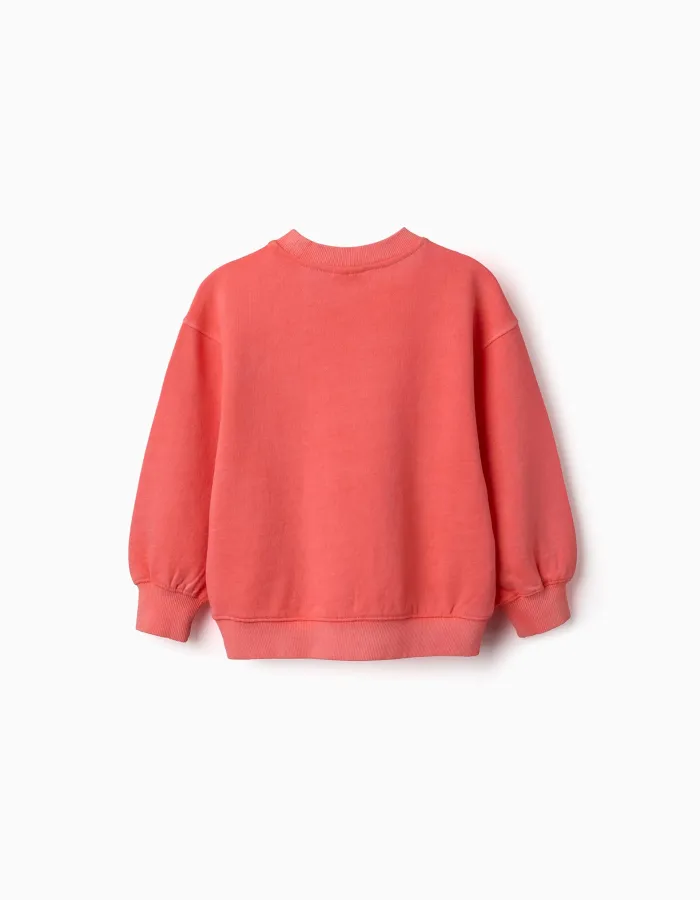 Cotton sweatshirt with dropped shoulders for girls, neon coral