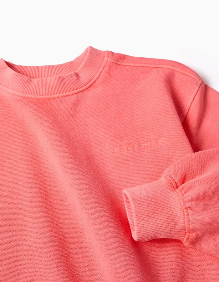 Cotton sweatshirt with dropped shoulders for girls, neon coral