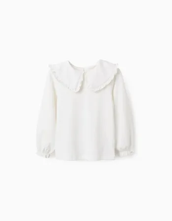T-shirt with Maxi Collar and Frill Contour for Girls, White