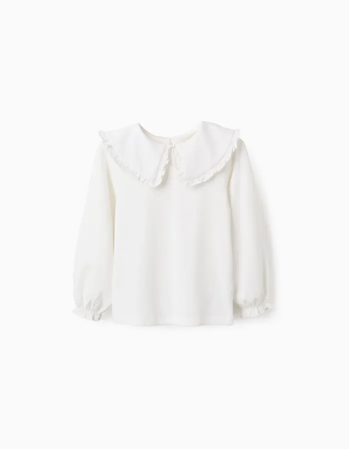 T-shirt with Maxi Collar and Frill Contour for Girls, White