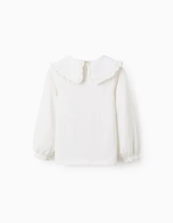 T-shirt with Maxi Collar and Frill Contour for Girls, White