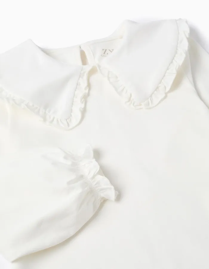 T-shirt with Maxi Collar and Frill Contour for Girls, White